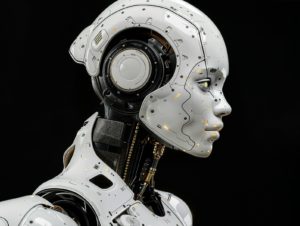 A white robot is standing in front of a black background