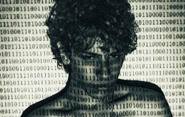 Man with binary code overlay on body and behind him