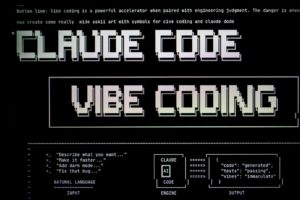 Digital art with text "claude code" and "vibe coding"