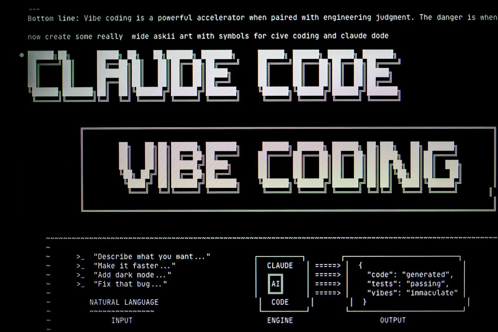 Digital art with text "claude code" and "vibe coding"