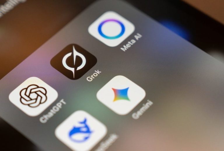 Smartphone screen displays ai app icons: chatgpt, grok, meta ai, gemini.